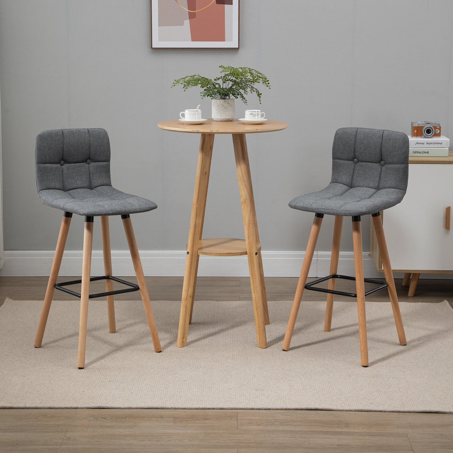 Set 2 Taburete de Bar Capitonate Suport pentru Picioare si Spatar Tesatura si Lemn