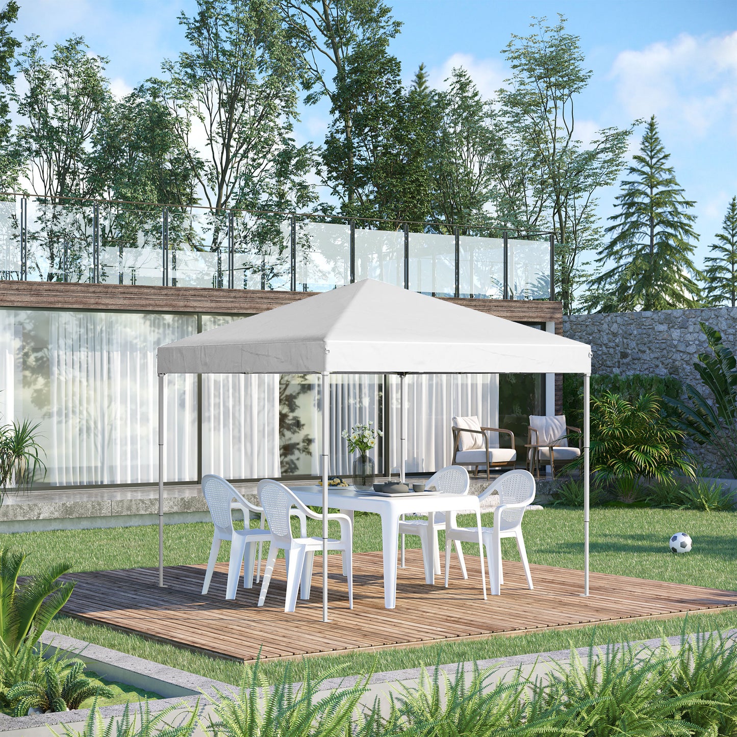 Pop Up Foisor 2,45 x 2,45 m rezistent la apa cu franghii si cuie de otel si tesatura Oxford alba