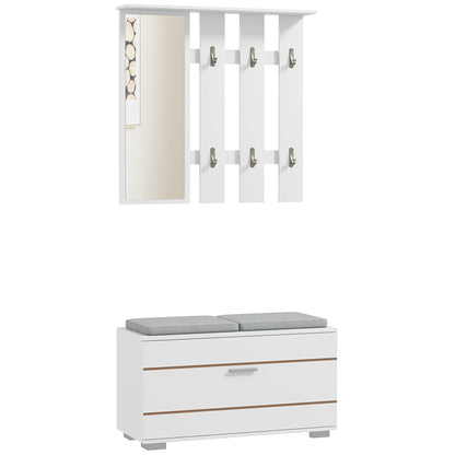 Set Hol 4‑in‑1 – Banca cu Scaun, Cuiere & Oglinda Alb