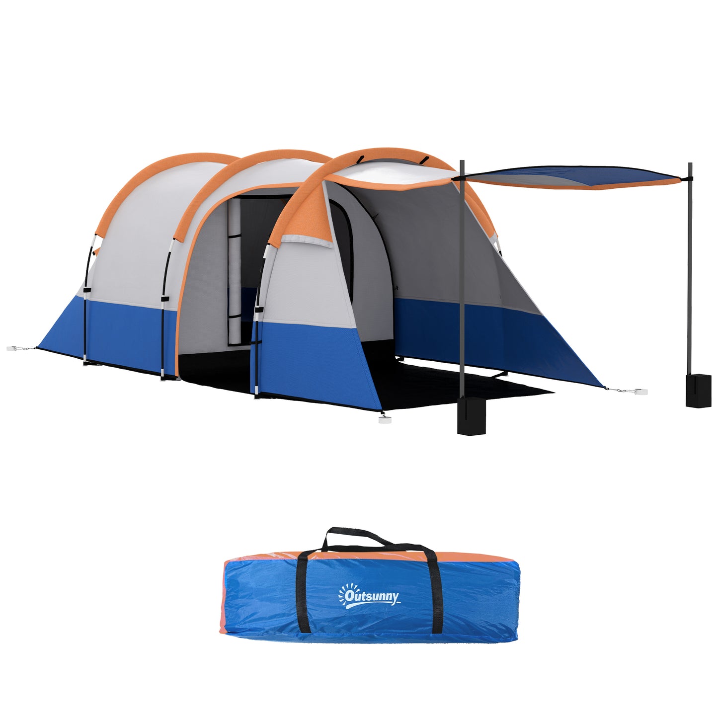 Cort de Camping Impermeabil cu 2 Zone și 3 Intrări, Poliester și Fibră de Sticlă, 420x200x150 cm, Portocaliu