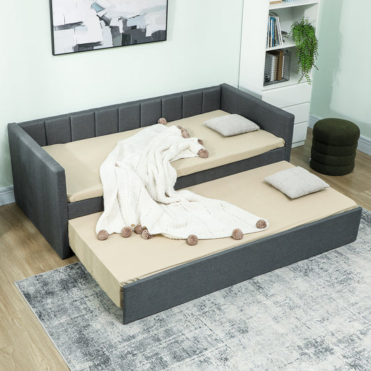 Cadru Pat de O Persoană 90x190 cm, Canapea cu Al Doilea Pat Extensibil, Tăblie Căptușită, Cotiere, Șipci de Lemn de Plop, pentru Cameră, Sufragerie, Gri Închis