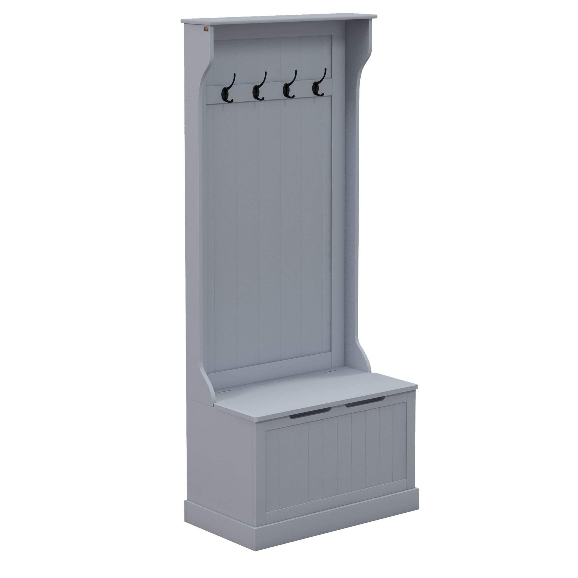 Cuier 3 în 1 cu 4 cârlige și bancă cu spațiu de depozitare, din lemn, 71,5x39,5x170 cm, gri