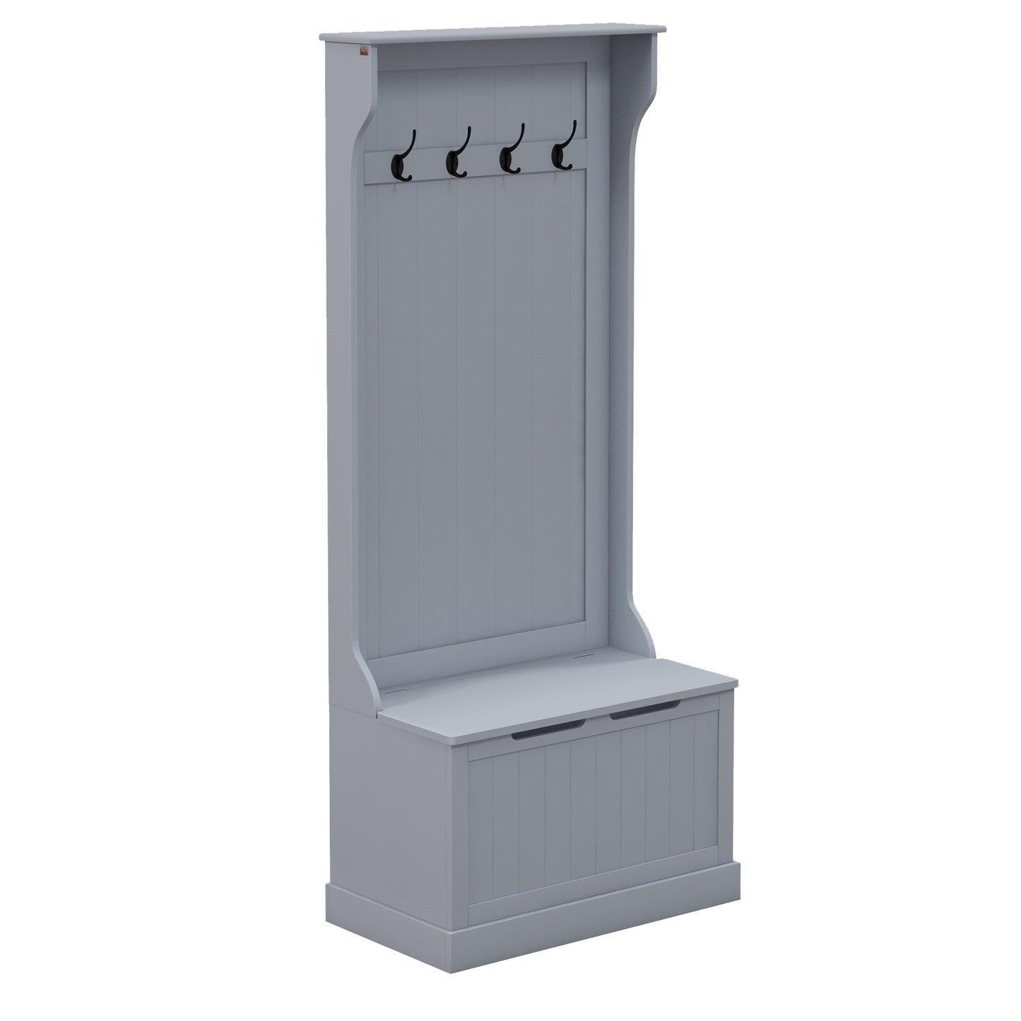 Cuier 3 în 1 cu 4 cârlige și bancă cu spațiu de depozitare, din lemn, 71,5x39,5x170 cm, gri