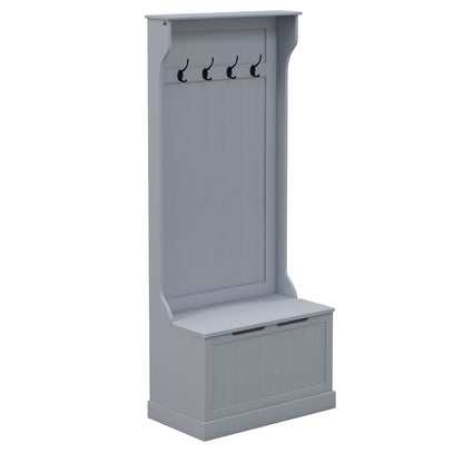 Cuier 3 în 1 cu 4 cârlige și bancă cu spațiu de depozitare, din lemn, 71,5x39,5x170 cm, gri
