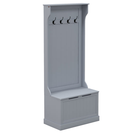 Cuier 3 în 1 cu 4 cârlige și bancă cu spațiu de depozitare, din lemn, 71,5x39,5x170 cm, gri