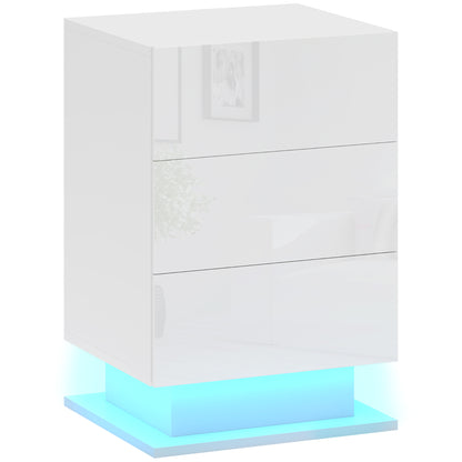 Noptieră Modernă cu Lumină LED Reglabilă, Telecomandă și 3 Sertare, 40x35x60 cm, Alb Lucios