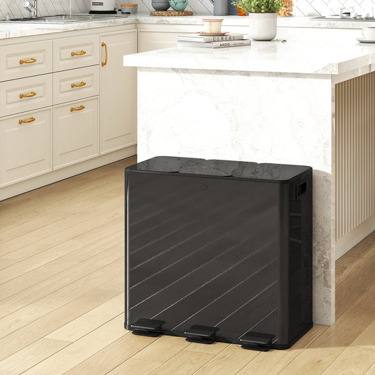 Bidone Immondizia a 3 Sezioni da 20L con Chiusura Silenziosa, in Acciaio Inox e PP, 61.9x36.6x56.7 cm, Nero