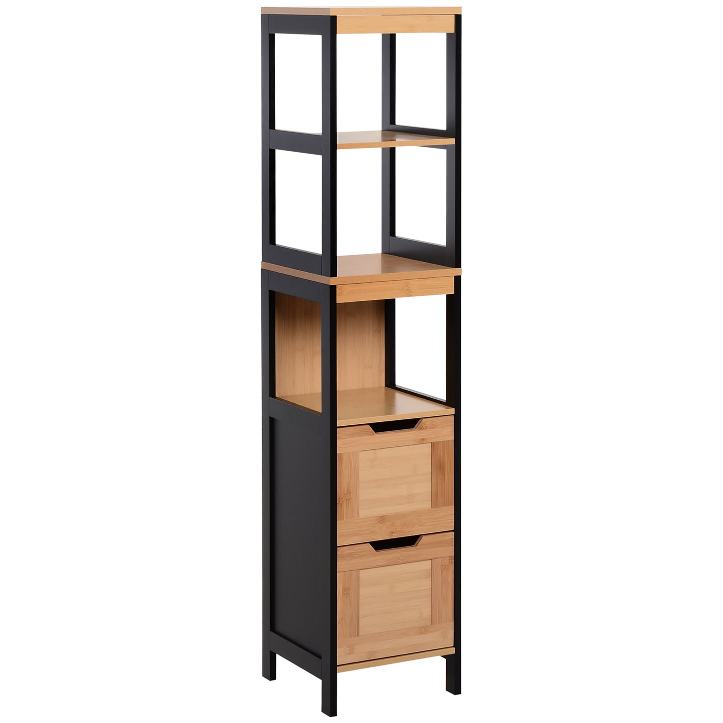 Dulap de baie cu 2 sertare si 3 compartimente deschise, mobilier baie din lemn MDF si bambus 30x30x144,3 cm, culoare lemnului