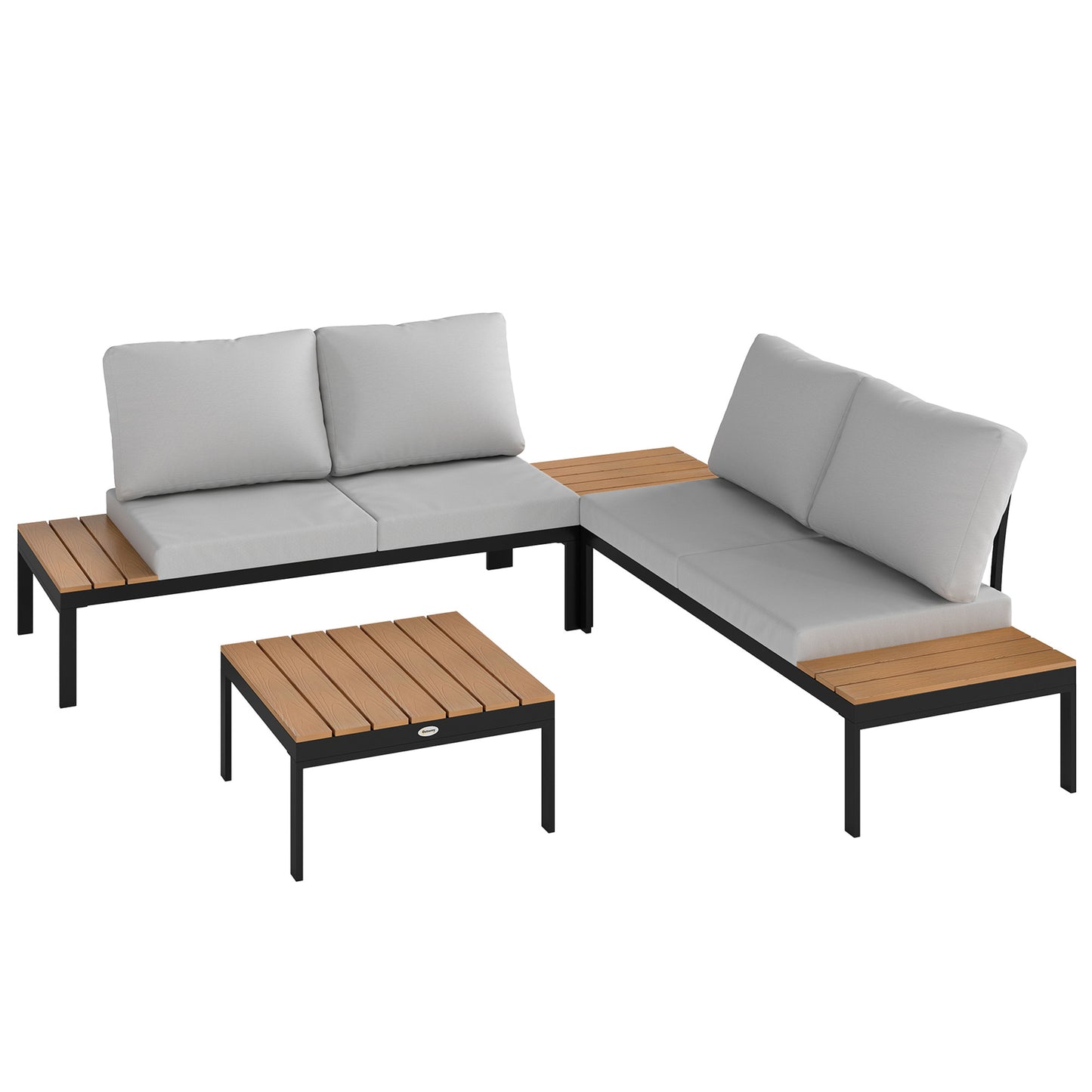 Set de Grădină 4 Piese cu 2 Canapele pentru 2 Persoane și 2 Mese din Metal și Lemn Compus, Gri-Negru și Teak