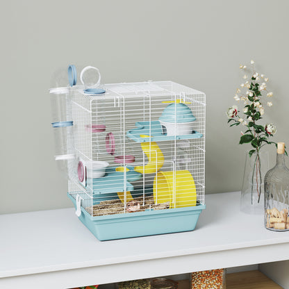 Cușcă pentru Hamsteri pe 3 Niveluri și 12 Tuburi cu Căsuță, Rampă, Boluri, Rezervor de Apă și Tavă Antipicurare, Cușcă pentru Hamsteri din Metal și Plastic, 34.5x27.5x41 cm, Albastru