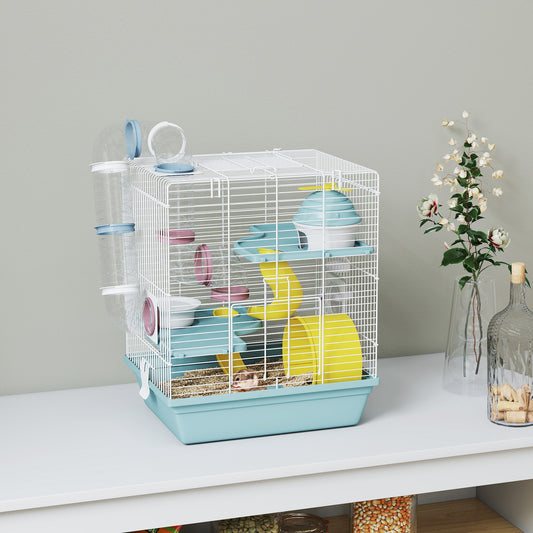 Cușcă pentru Hamsteri pe 3 Niveluri și 12 Tuburi cu Căsuță, Rampă, Boluri, Rezervor de Apă și Tavă Antipicurare, Cușcă pentru Hamsteri din Metal și Plastic, 34.5x27.5x41 cm, Albastru