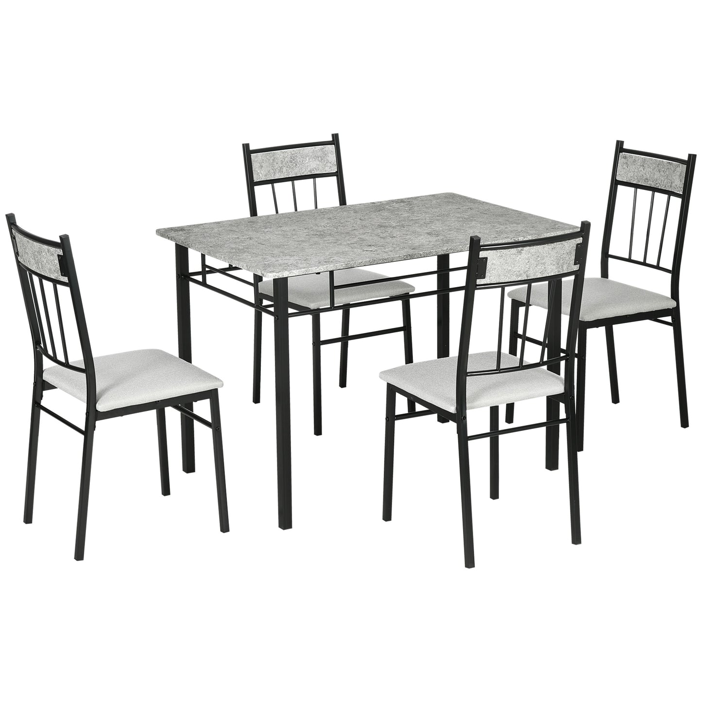 Set masa si scaune 5 buc, masa dreptunghiulara din metal si MDF si 4 scaune de sufragerie cu scaun tapitat cu spuma si poliester