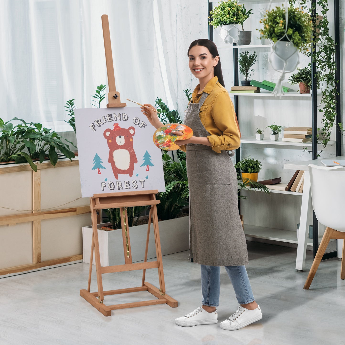 Șevalet Reglabil din Lemn de Fag pentru Pictură cu Compartiment de Depozitare, 53x50.5x171-230cm