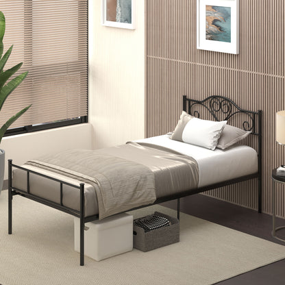 Cadru de Pat Single din Oțel cu Somieră Metalică Integrată, Tăblie și Tetieră incluse, pentru 1 Persoană, 90x200 cm, Negru