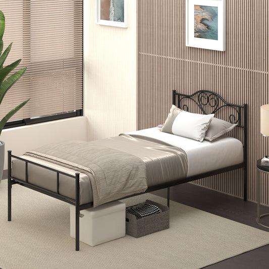 Cadru de Pat Single din Oțel cu Somieră Metalică Integrată, Tăblie și Tetieră incluse, pentru 1 Persoană, 90x200 cm, Negru