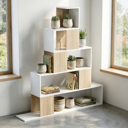 Bibliotecă cu 5 Rafturi Tip Trepte, Alb și Lemn Natural