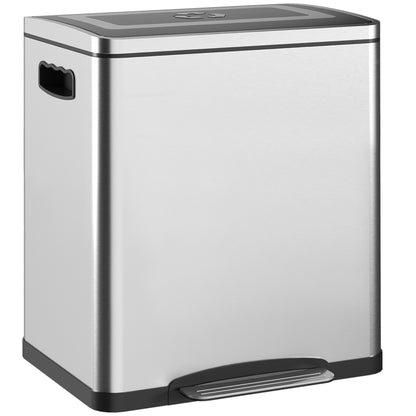 Coș de gunoi cu 2 compartimente de 15L, cu pedală și capac silențios, din oțel inoxidabil și PP, 40x34,8x47,5 cm