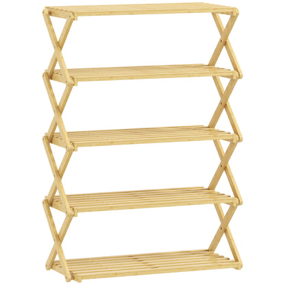 Raft pliabil pentru pantofi, 5 niveluri, gata de utilizare, din bambus, 60x29x88 cm, culoare lemn
