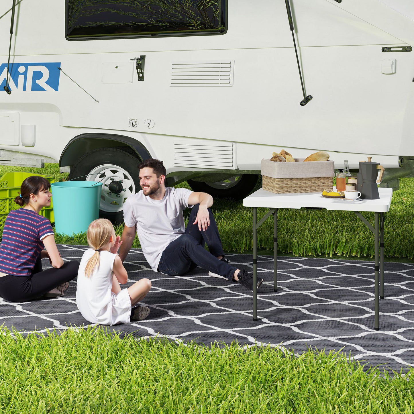 Masă de Camping Pliabilă cu 2 Înălțimi Reglabile, din HDPE și Metal, 86x86x74 cm, Alb