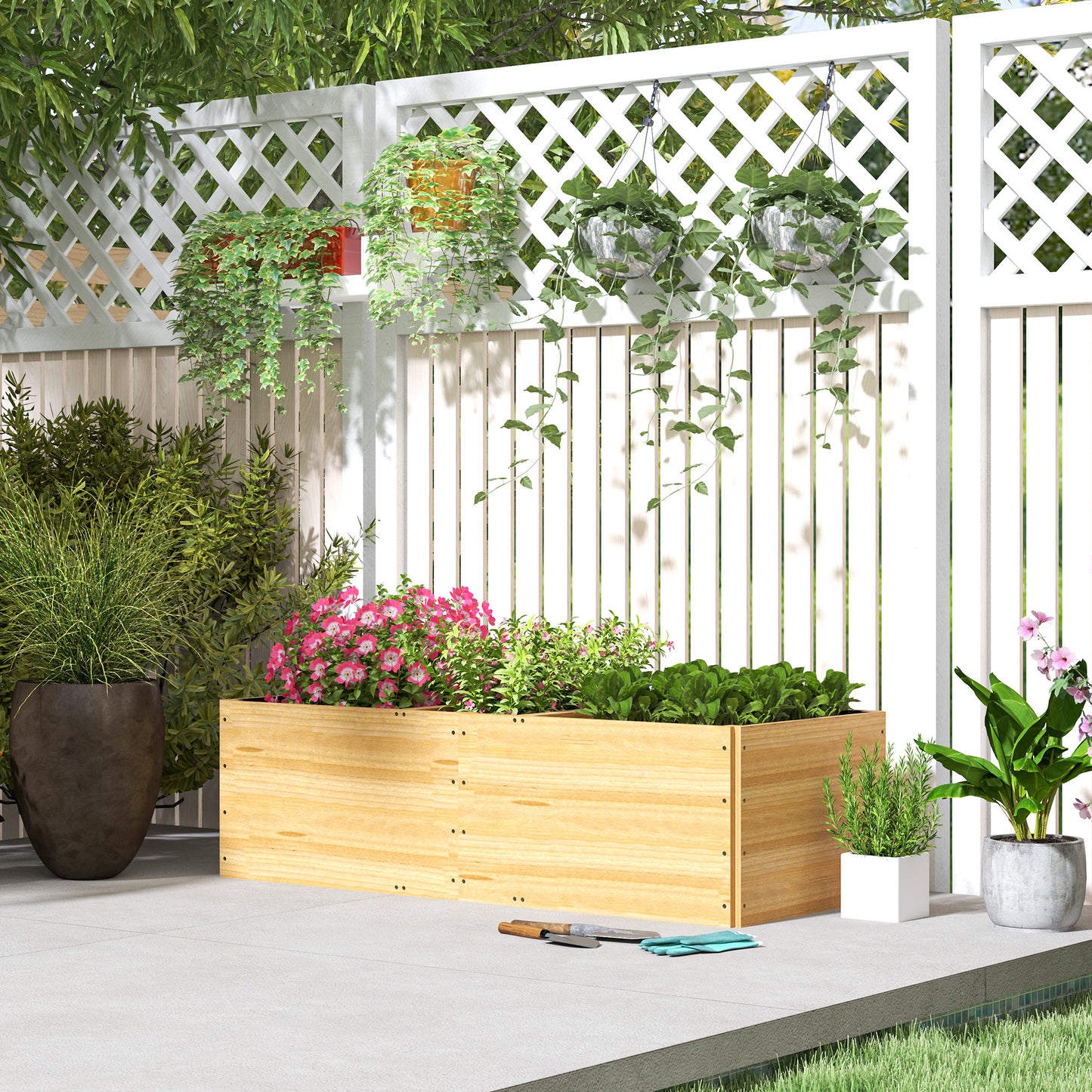 Jardinieră de exterior din lemn de molid împărțită în 3 zone, cu strat din material textil nețesut, 140x60x40 cm