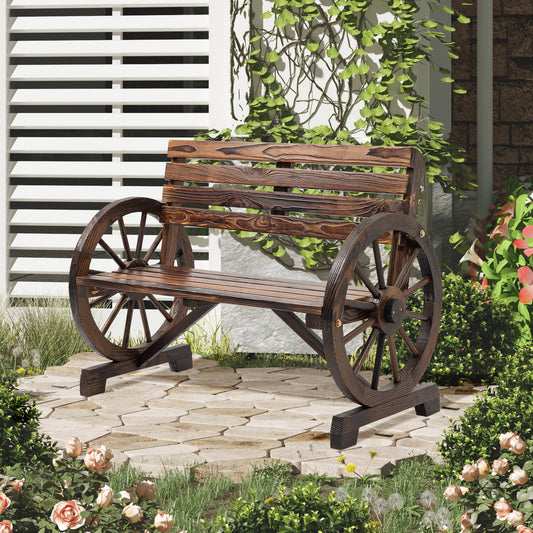 Bancă de grădină cu 2 locuri, șipci din lemn, brațe în formă de roată de căruță, 105,5x56x79 cm, maro ars