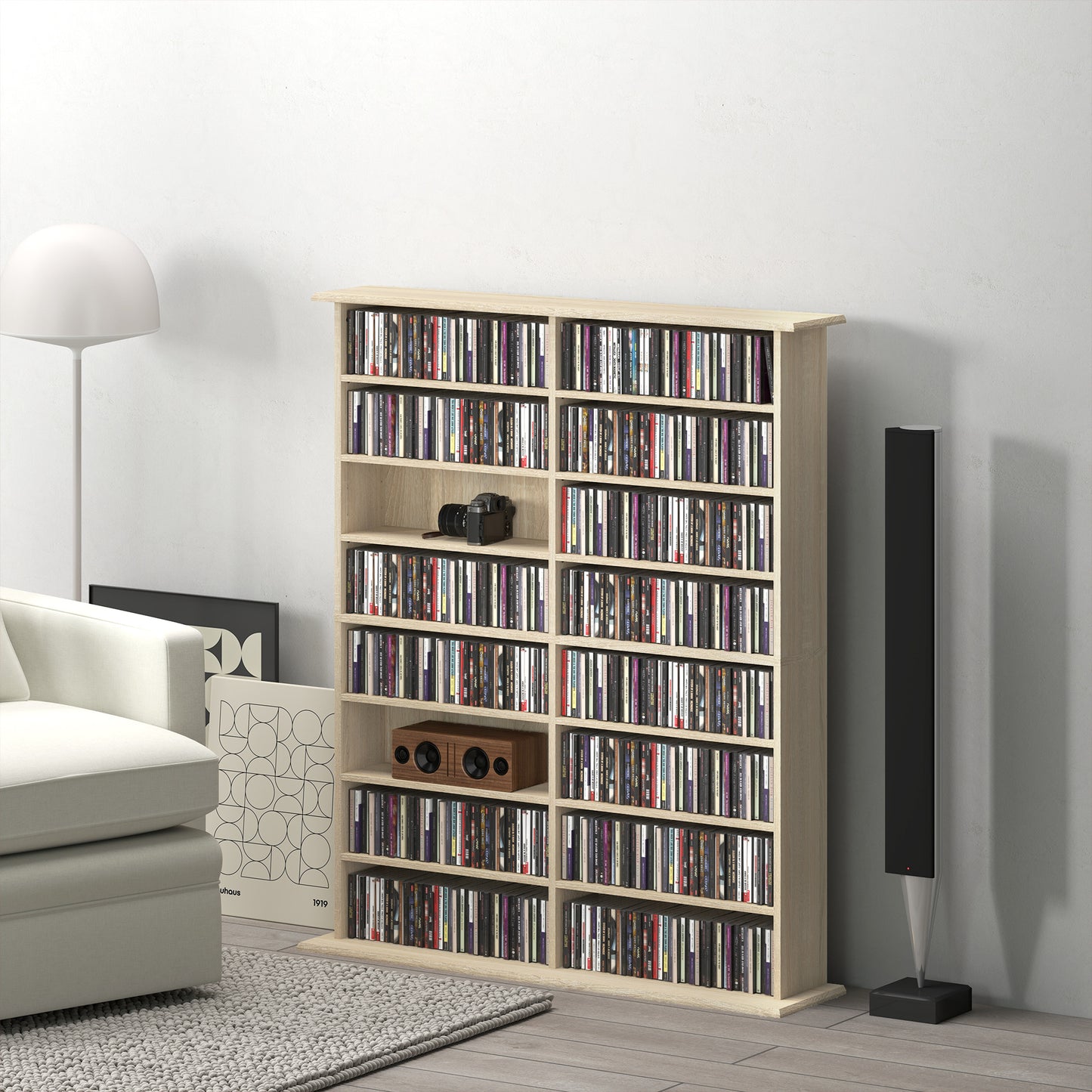 Dulap Bibliotecă pentru CD-uri cu 16 Rafturi, Design Modern, din Lemn, 106,5x24x126,3 cm, Natur