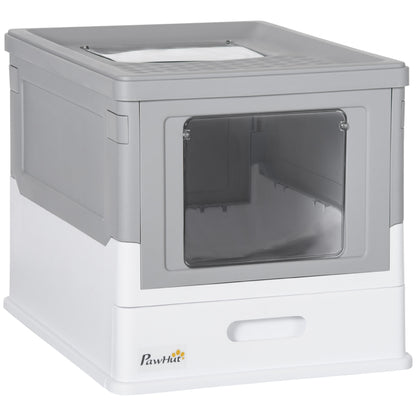 Litiera pentru Pisici Inchisa din PP cu Paleta Inclusa, Cutie Igienica pentru Pisici cu Tava Detasabila si 2 Usi, 47.5x35.5x36.7 cm, Alb si Gri