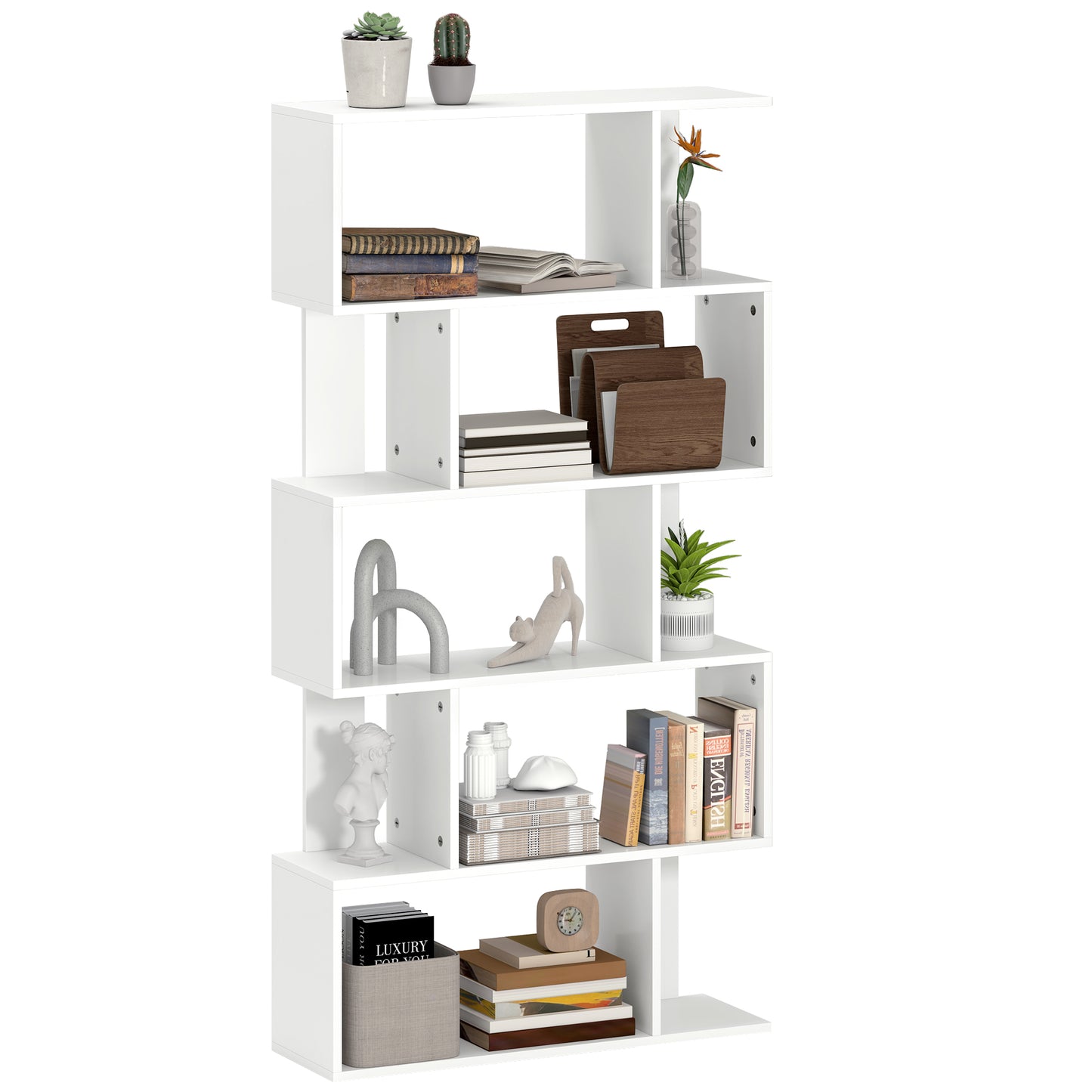 Bibliotecă Asimetrică în Formă de S cu 5 Niveluri și 10 Rafturi Deschise, 80x24x159 cm, Alb