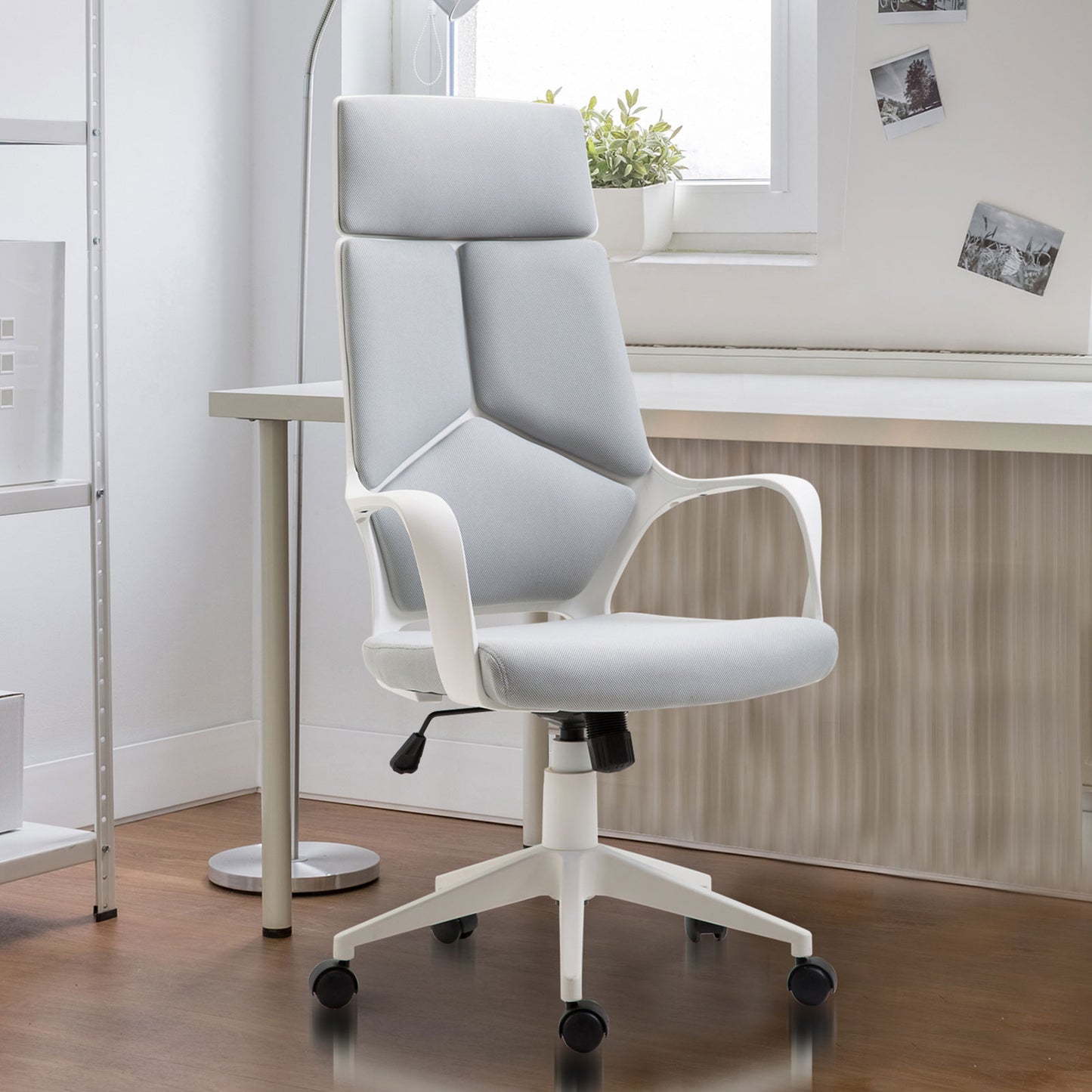 Scaun Ergonomic de Birou, Fotoliu Directorial din Mesh Respirabil cu Tetieră și Suport Lombar, Pivotant, Gri