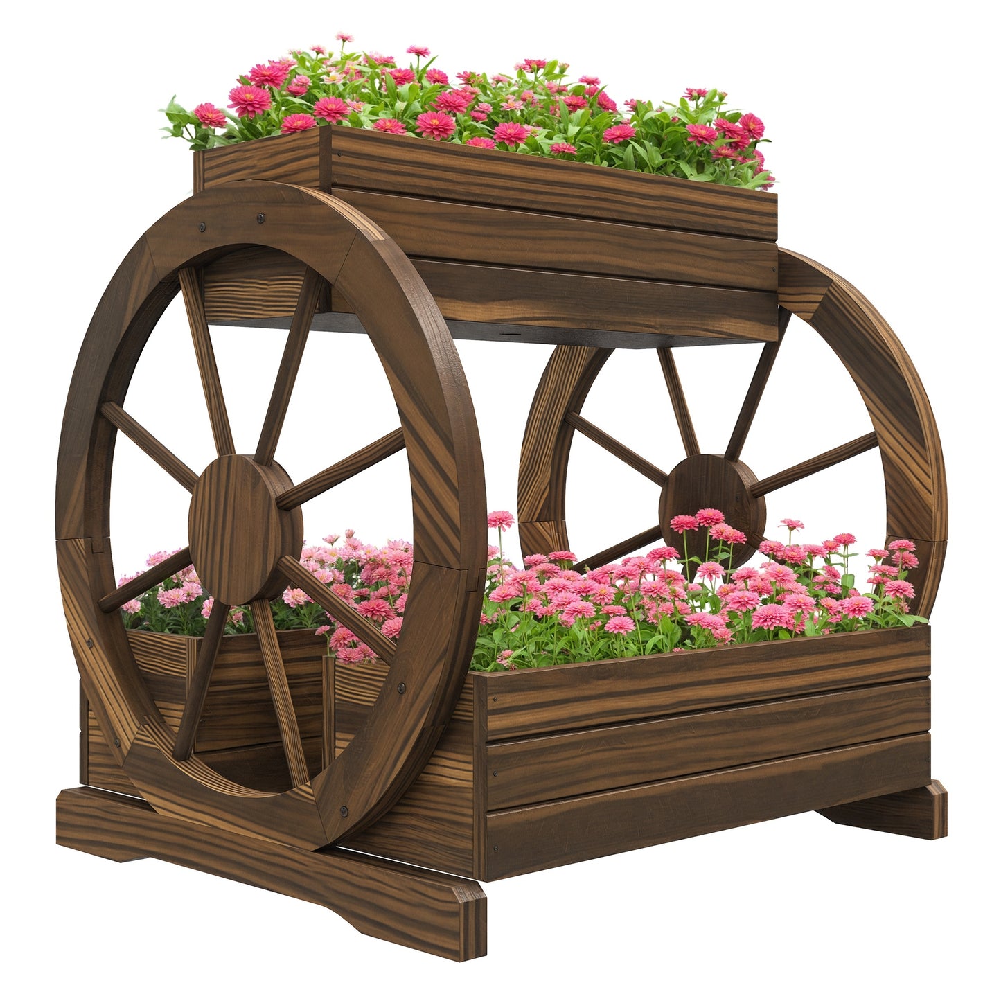 Jardinieră în Lemn pentru Exterior pe 2 Nivele cu 3 Ghivece și Roți de Căruță în Stil Rustic, 64x54x60 cm