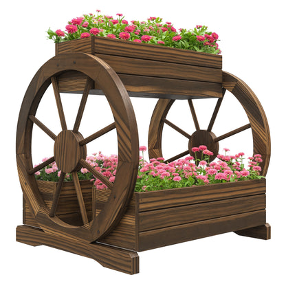 Jardinieră în Lemn pentru Exterior pe 2 Nivele cu 3 Ghivece și Roți de Căruță în Stil Rustic, 64x54x60 cm