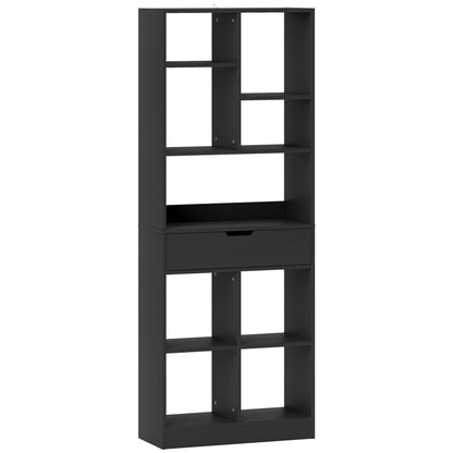 Bibliotecă Modernă din Lemn cu Sertar Central și Kit Anti-răsturnare, 60x26x158 cm, Negru