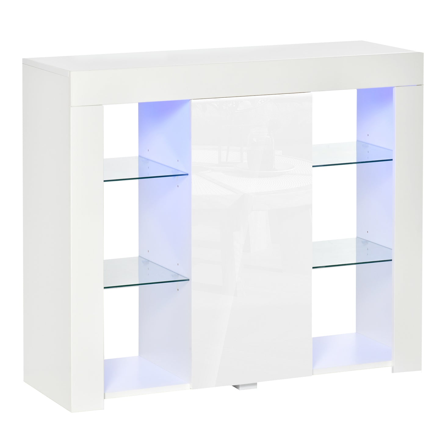 Bufet Modern cu Usa si lumini LED cu Finisaj Lucios si Rafturi din Sticla