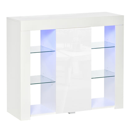 Bufet Modern cu Usa si lumini LED cu Finisaj Lucios si Rafturi din Sticla