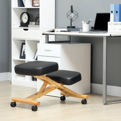 Scaun ergonomic postural cu suport pentru genunchi, cu roți, din lemn, negru