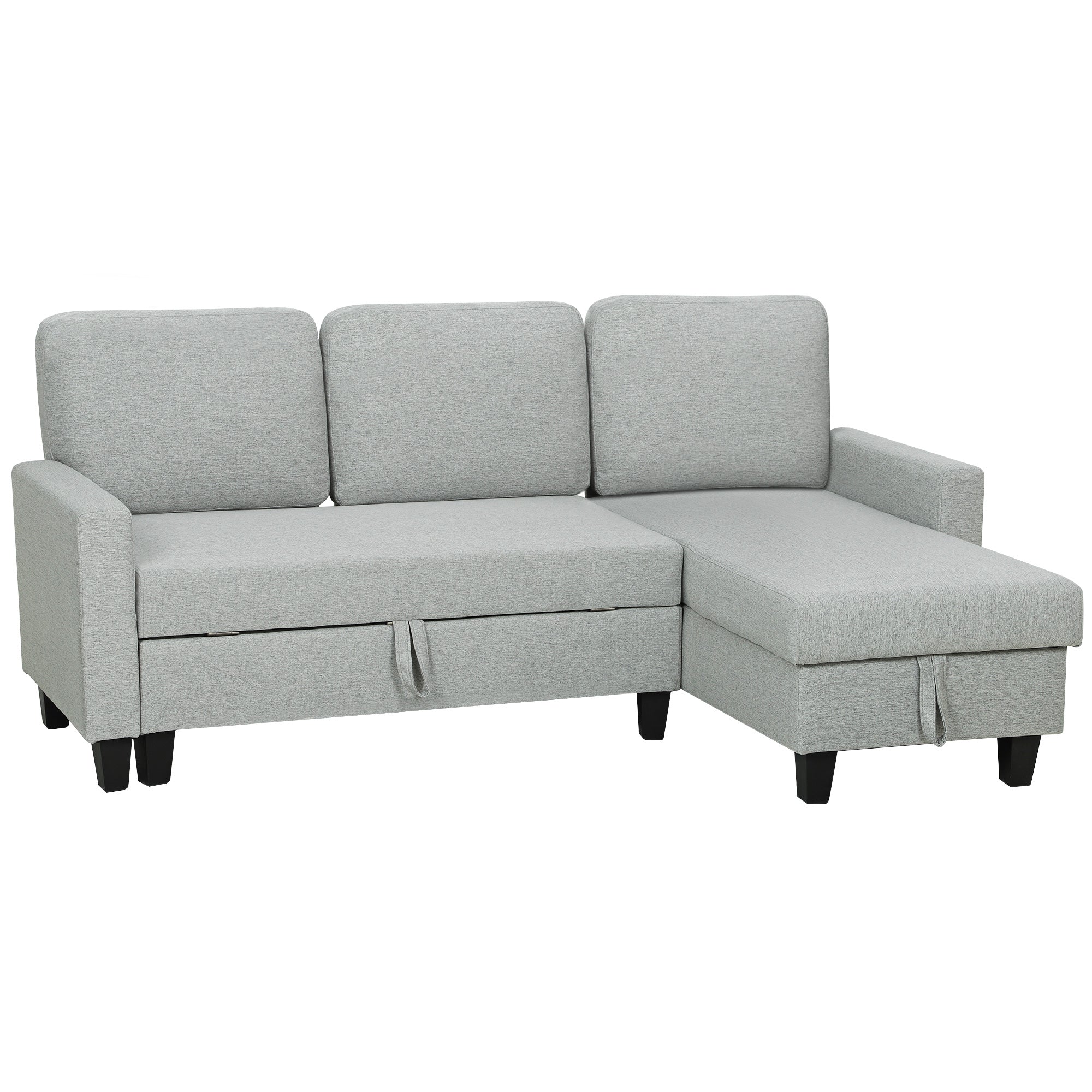 Canapea extensibilă cu 3 locuri, șezlong și spațiu de depozitare, material textil cu efect de in, 197x129x85 cm, gri și negru