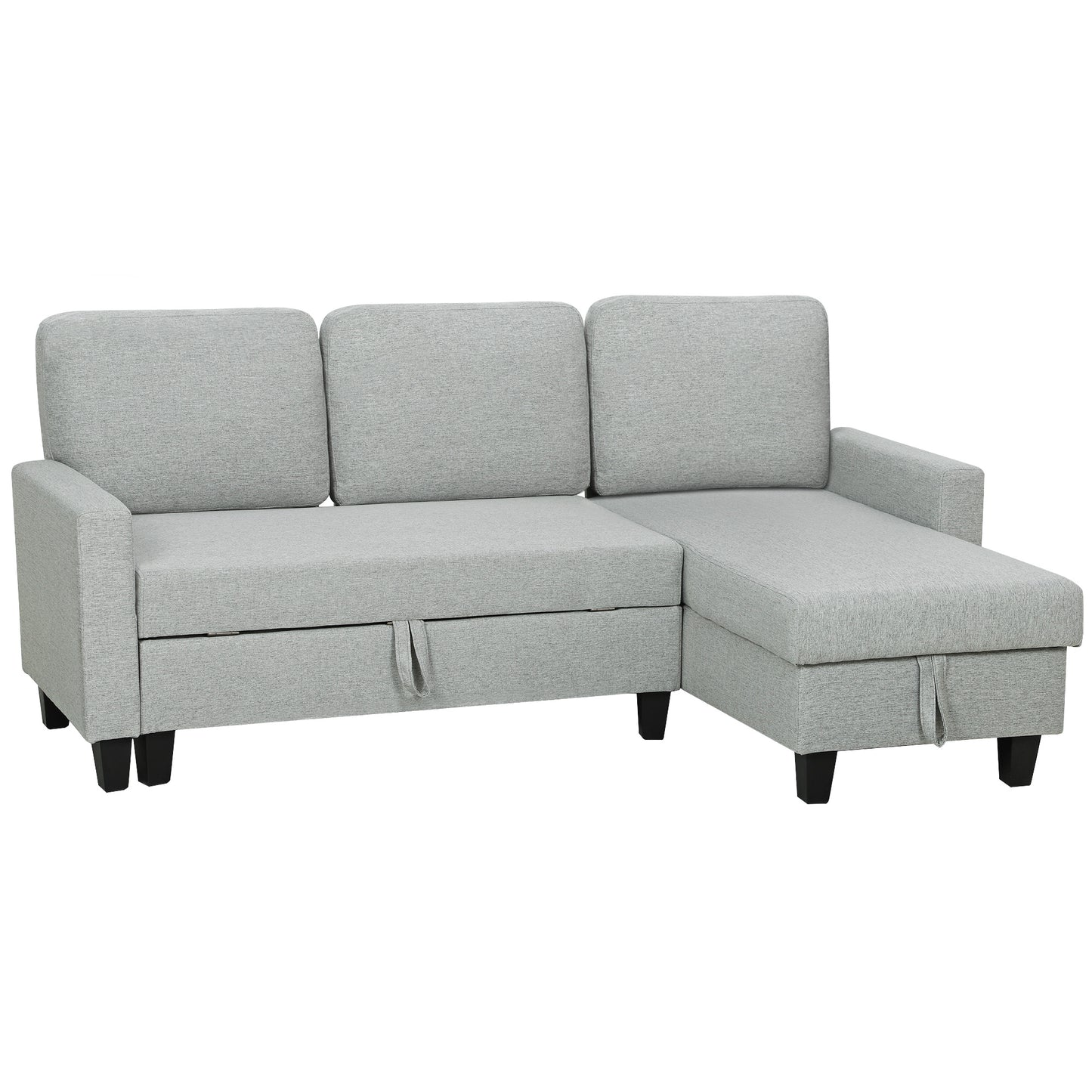 Canapea extensibilă cu 3 locuri, șezlong și spațiu de depozitare, material textil cu efect de in, 197x129x85 cm, gri și negru