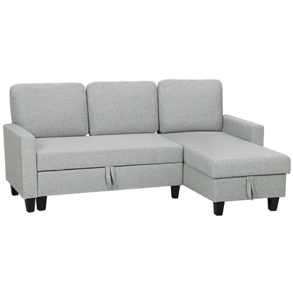 Canapea extensibilă cu 3 locuri, șezlong și spațiu de depozitare, material textil cu efect de in, 197x129x85 cm, gri și negru