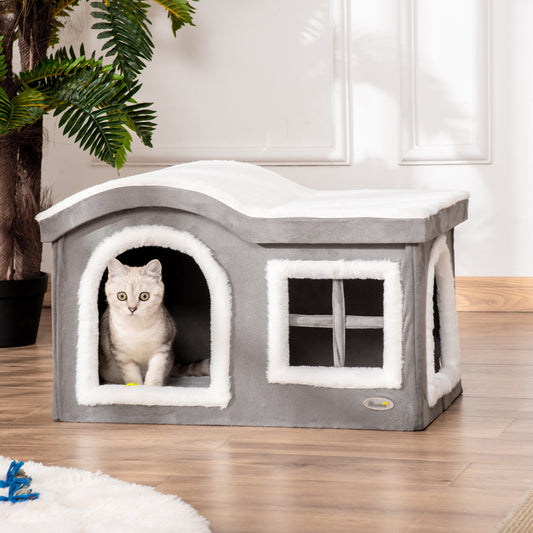 Casuta pentru Pisici de Interior cu 2 Intrari si Fereastra, Perna si Baza Anti - Alunecare, 63.5x37x40cm - Alb/Gri