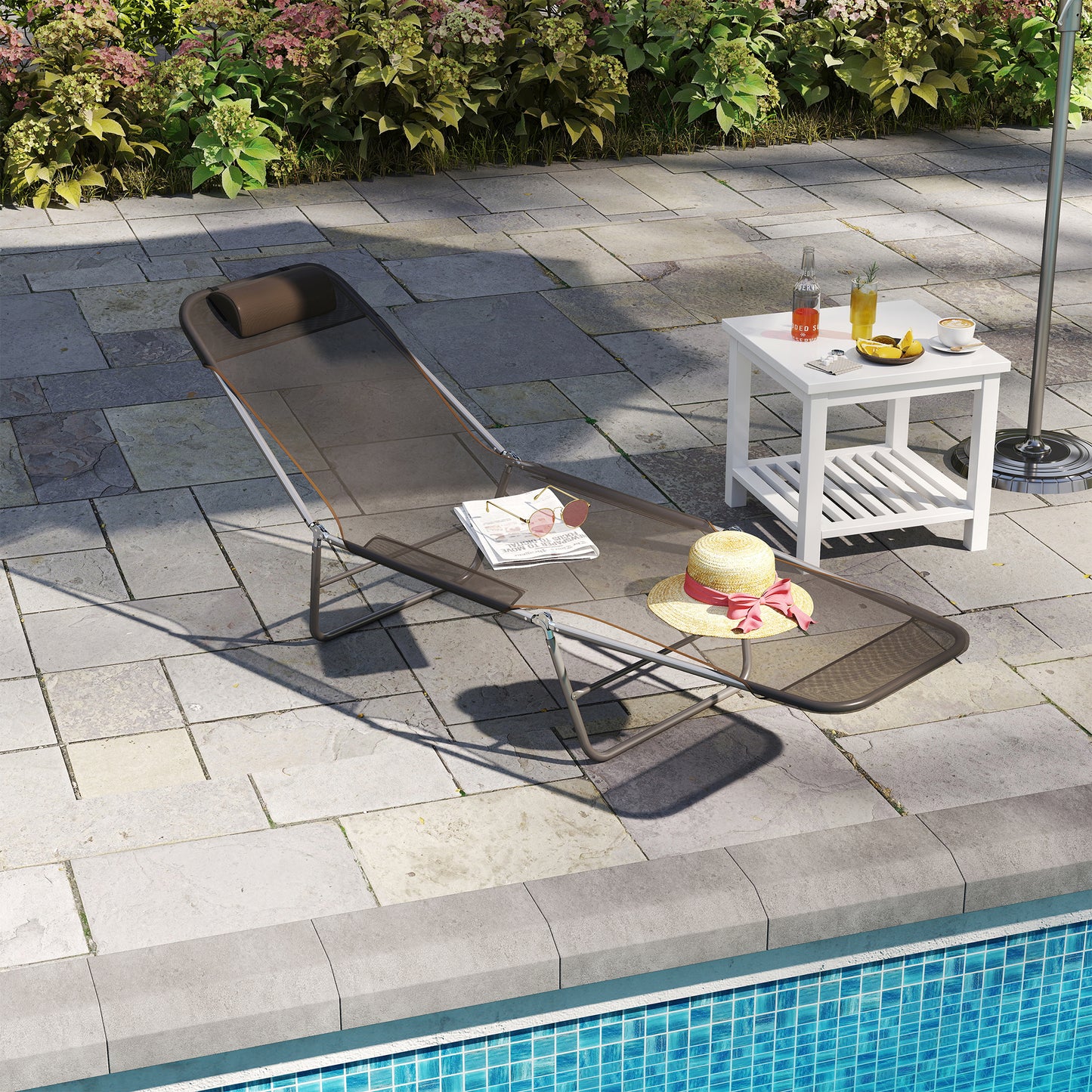 Șezlong Reglabil pentru Exterior, Scaun Reclinabil de Grădină și Piscină din Material Textilene Confortabil, Culoare Cafeniu