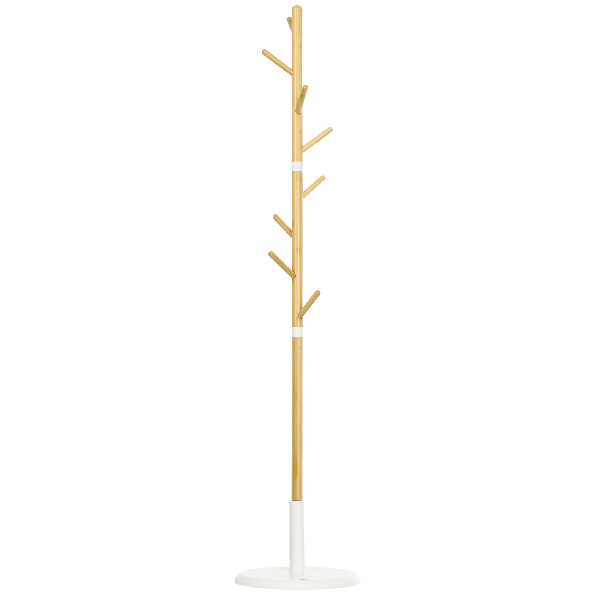 Cuier tip copac cu 8 cârlige și bază rotundă din bambus, lemn și metal, Ø37.8x175.6 cm, culoare lemn și alb