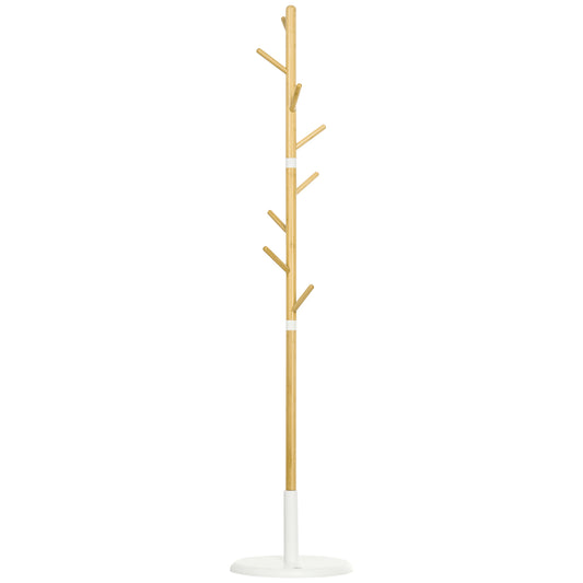 Cuier tip copac cu 8 cârlige și bază rotundă din bambus, lemn și metal, Ø37.8x175.6 cm, culoare lemn și alb