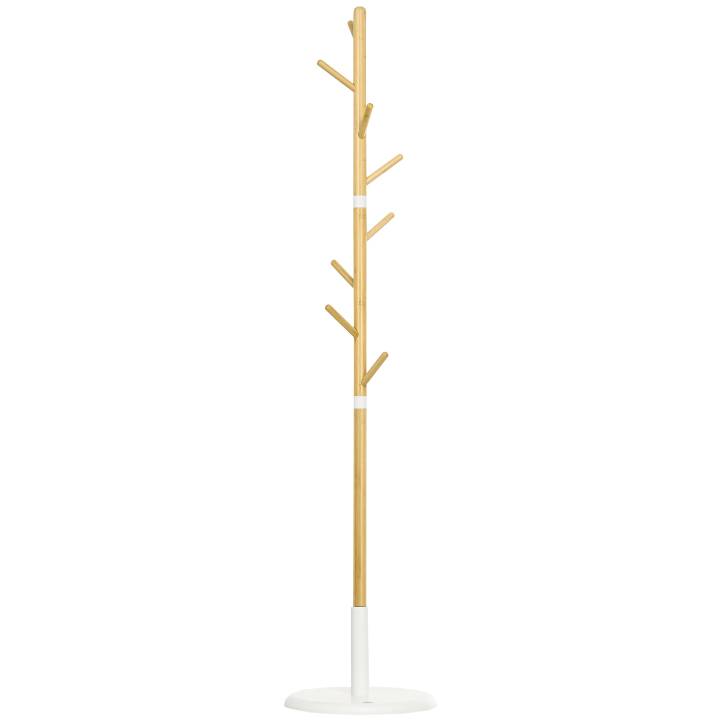 Cuier tip copac cu 8 cârlige și bază rotundă din bambus, lemn și metal, Ø37.8x175.6 cm, culoare lemn și alb