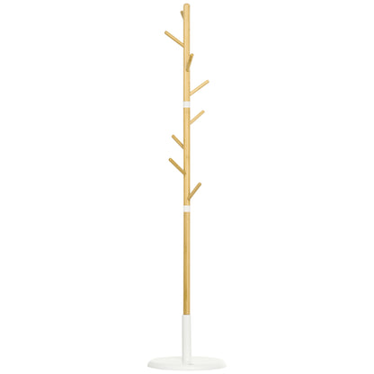 Cuier tip copac cu 8 cârlige și bază rotundă din bambus, lemn și metal, Ø37.8x175.6 cm, culoare lemn și alb