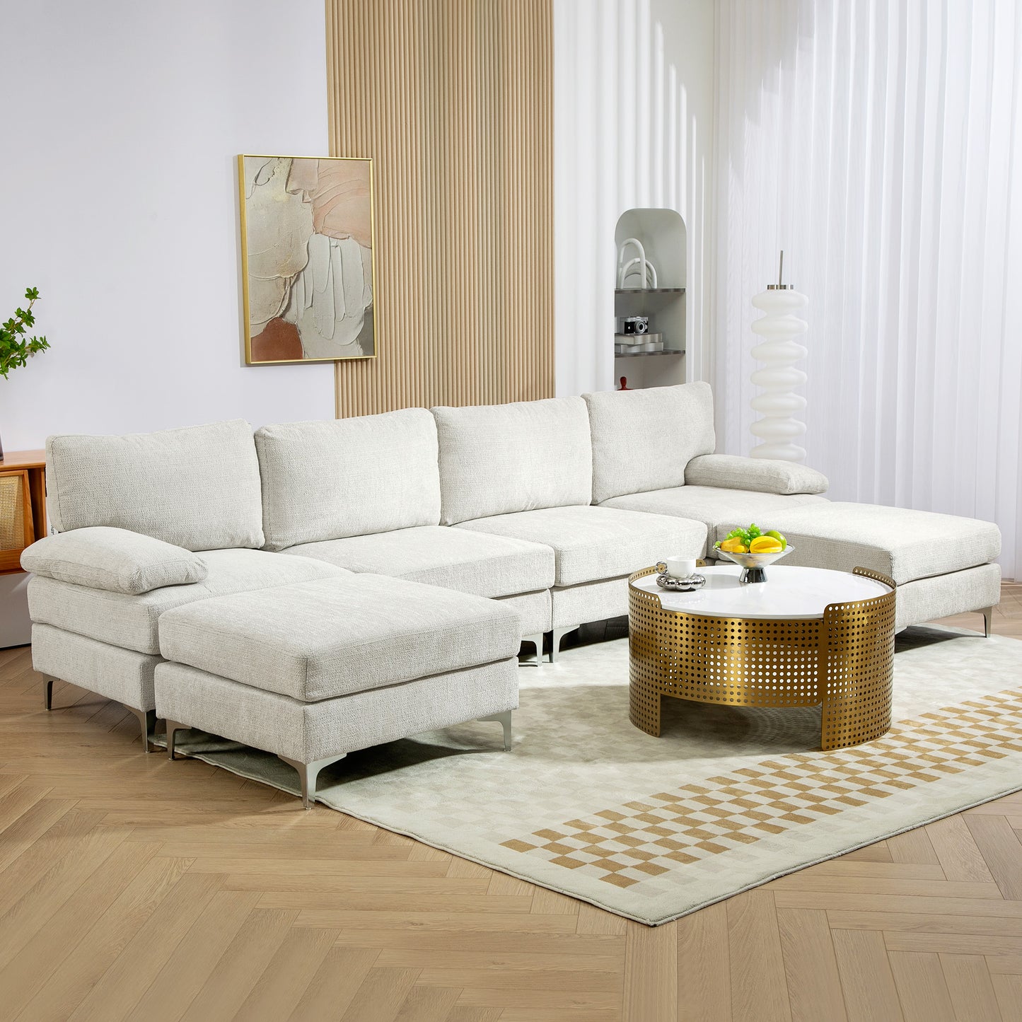 Canapea Modulară 4 Piese cu Suport pentru Picioare și Perne, din Țesătură Chenille, 313x149x88 cm, Crem