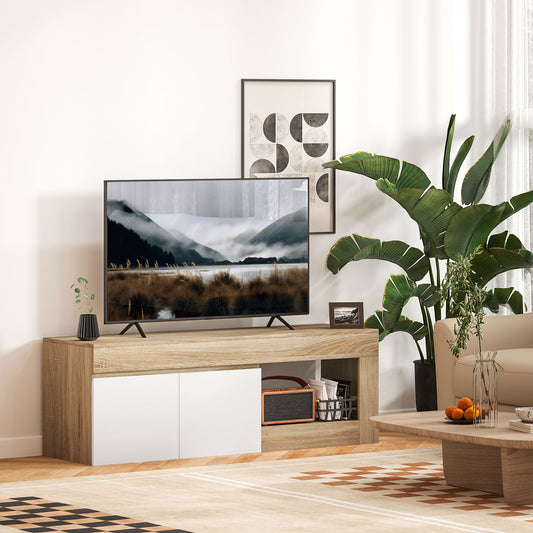 Dulap pentru TV de 60" cu Dulăpior, 2 Uși și Raft Deschis, Mobilier TV din Lemn, 140x40x48 cm, Lemn Natural