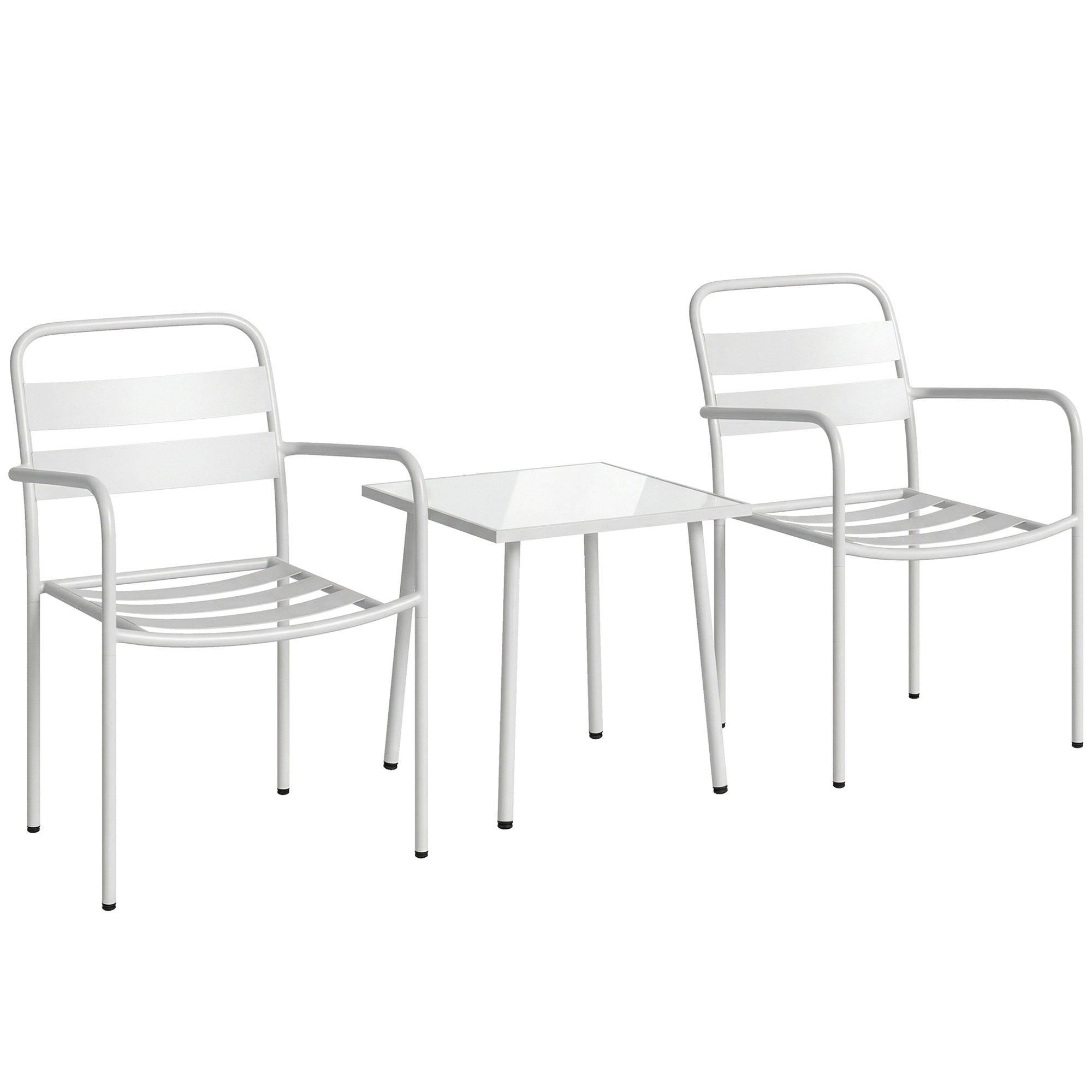 Set Bistrò 3 Piese din Oțel Galvanizat, Set de Grădină cu 2 Scaune și Masă din Sticlă Temperată, Mobilier Exterior pentru Terasă, Balcon, Alb