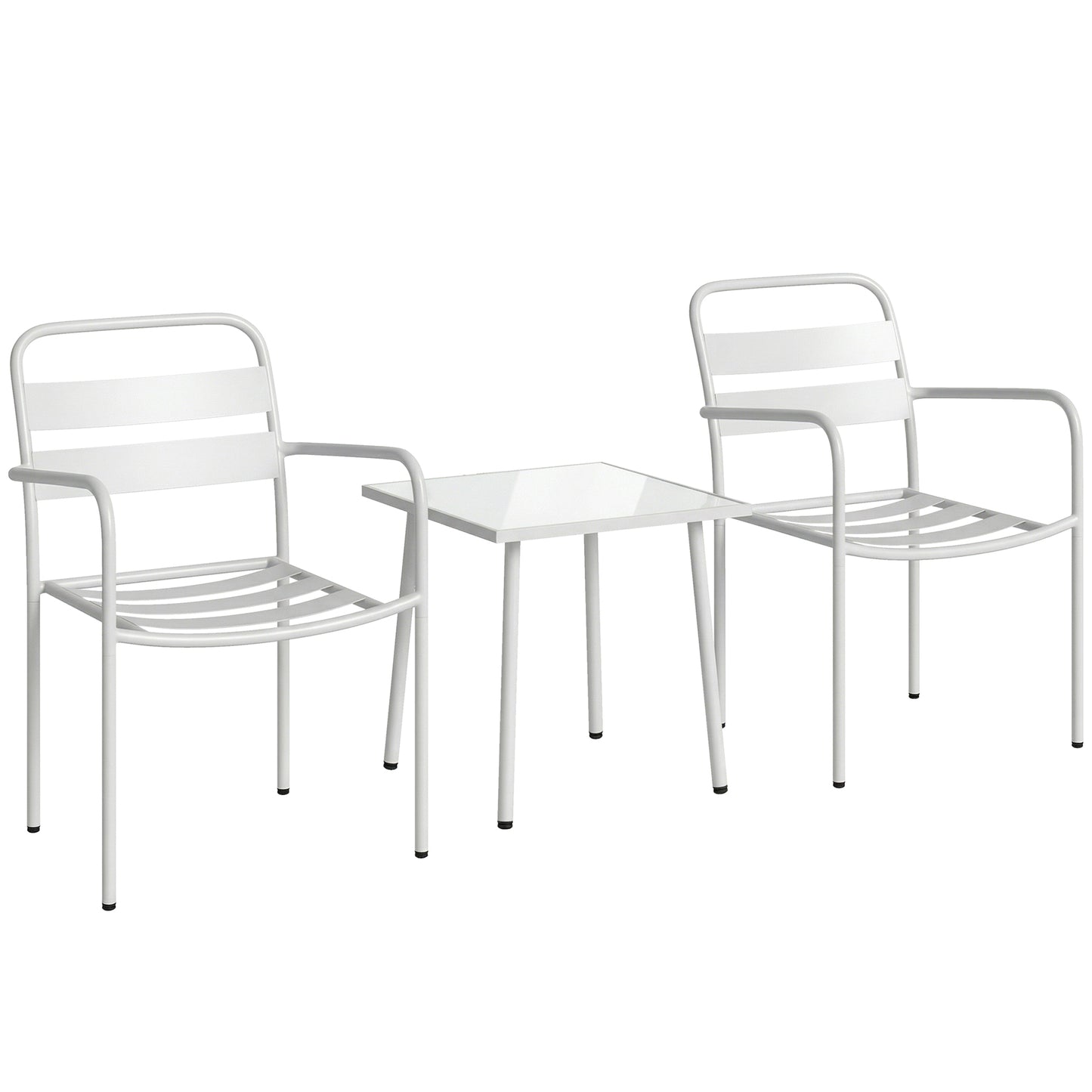 Set Bistrò 3 Piese din Oțel Galvanizat, Set de Grădină cu 2 Scaune și Masă din Sticlă Temperată, Mobilier Exterior pentru Terasă, Balcon, Alb