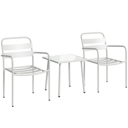 Set Bistrò 3 Piese din Oțel Galvanizat, Set de Grădină cu 2 Scaune și Masă din Sticlă Temperată, Mobilier Exterior pentru Terasă, Balcon, Alb
