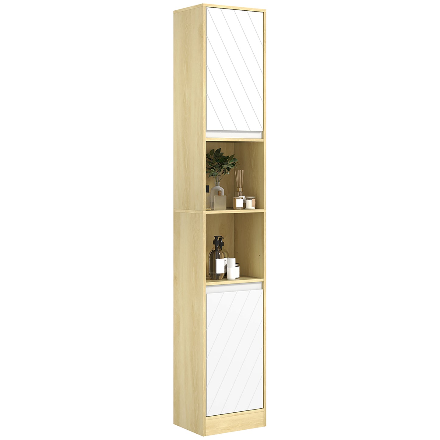 Dulap Înalt de Baie Spațios, Mobilier de Baie cu 2 Dulapuri și Rafturi Reglabile, 30x24x170 cm, Lemn Natural